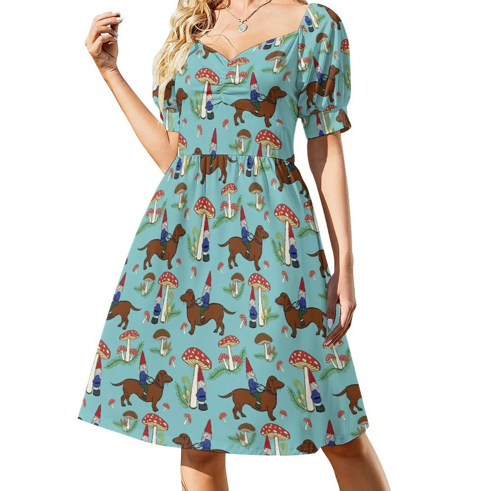 Gnome and Dachshund in Mushroom Land, Turquoise Blue Background Short Sleeved Dress summer women's suit womens clothing Dress
Gnome and Dachshund in Mushroom Land, Turquoise Blue Background Short Sleeved Dress summer women's suit womens clothing Dress