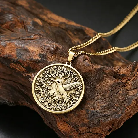 Vintage Animal Relief Coin Necklace for Men Women Phoenix Hummingbird Eagle Owl Raven Dolphin Mermaid Pendant Retro Jewelry