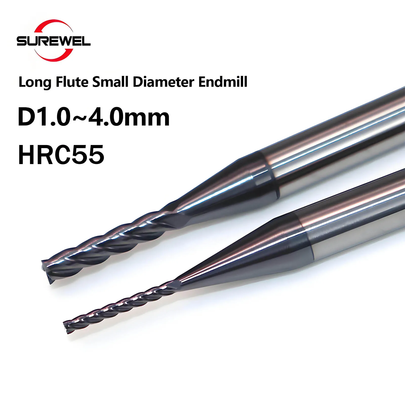 SUREWEL CNC tools HRC55 carbide full edge deep groove milling cutter 1.0mm-4.0mm long neck micro diameter milling cutter
SUREWEL CNC tools HRC55 carbide full edge deep groove milling cutter 1.0mm-4.0mm long neck micro diameter milling cutter