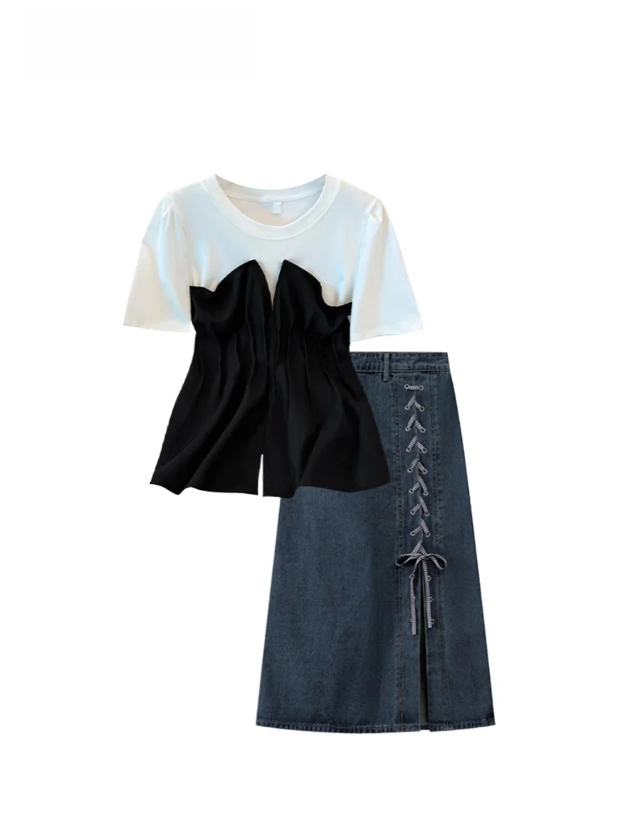 plus Size Summer Outfit Women's Short Sleeve T-Shirt And Denim Skirt Two-Piece Set Korean Style Loose Fit Casual Wear
plus Size Summer Outfit Women's Short Sleeve T-Shirt And Denim Skirt Two-Piece Set Korean Style Loose Fit Casual Wear