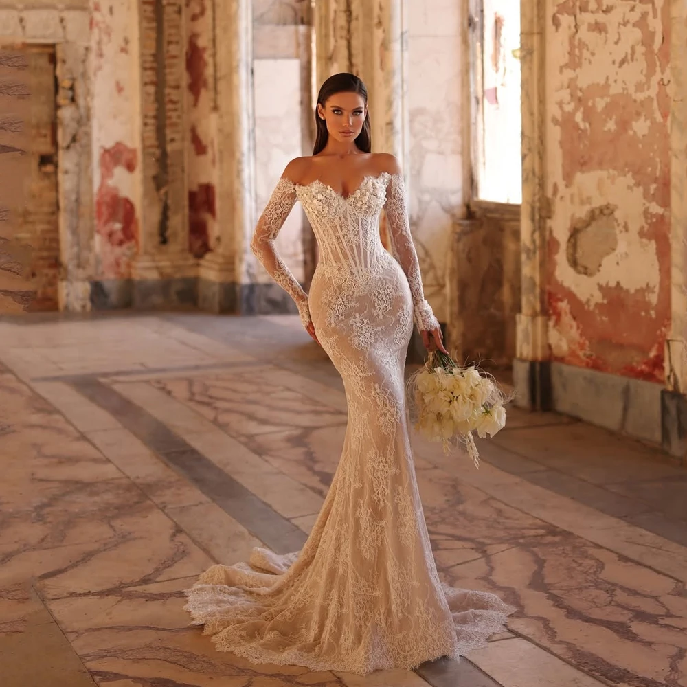 Boho Tulle Wedding Dresses Mermaid Flowers Strapless Long Sleeves Lace Appliques Bride Prom Gown 2025 Bridal Gowns Customized
Boho Tulle Wedding Dresses Mermaid Flowers Strapless Long Sleeves Lace Appliques Bride Prom Gown 2025 Bridal Gowns Customized
