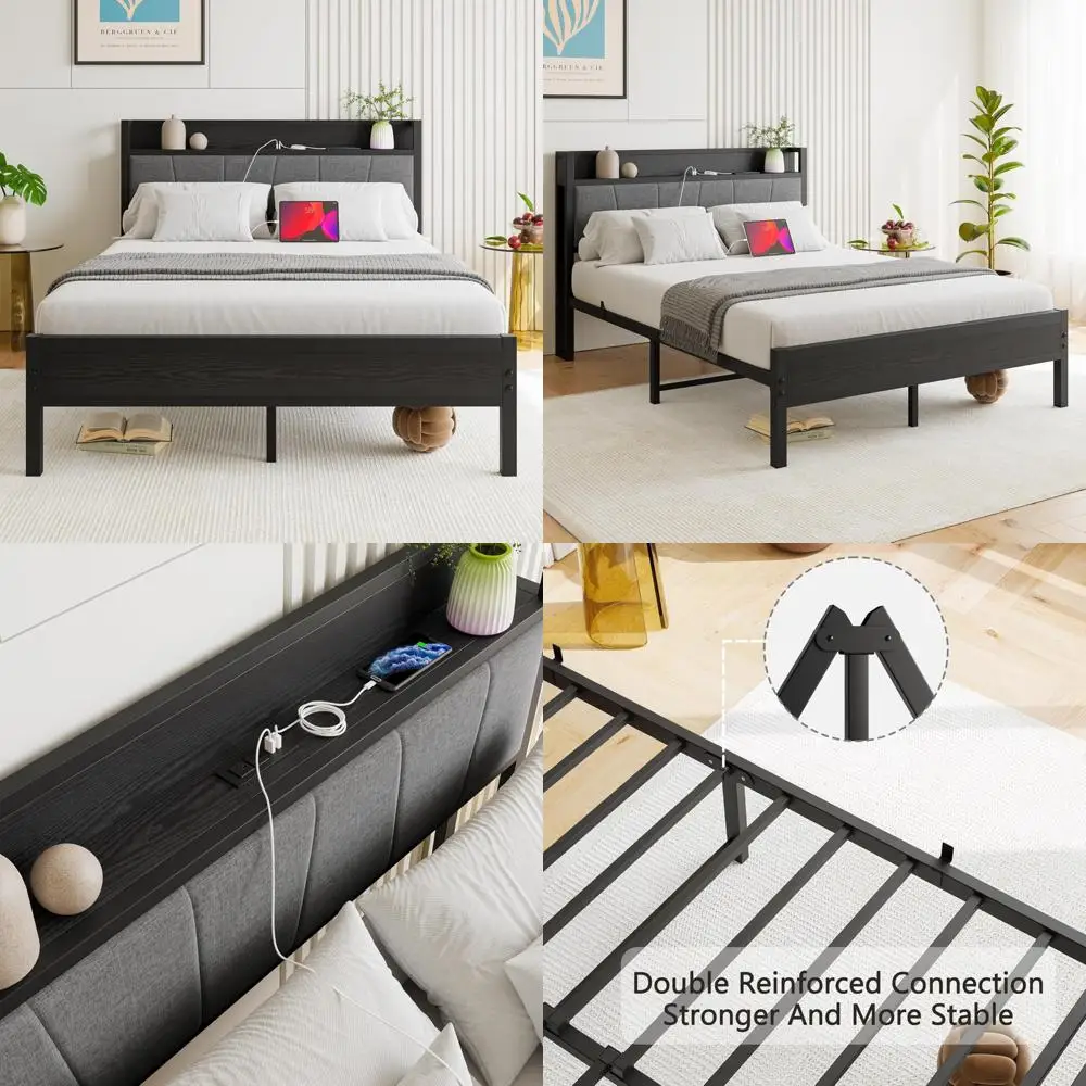 Full Size Metal Bed Frame with Storage Headboard and Upholstered Platform, Double Bed with Charging Station 
Full Size Metal Bed Frame with Storage Headboard and Upholstered Platform, Double Bed with Charging Station