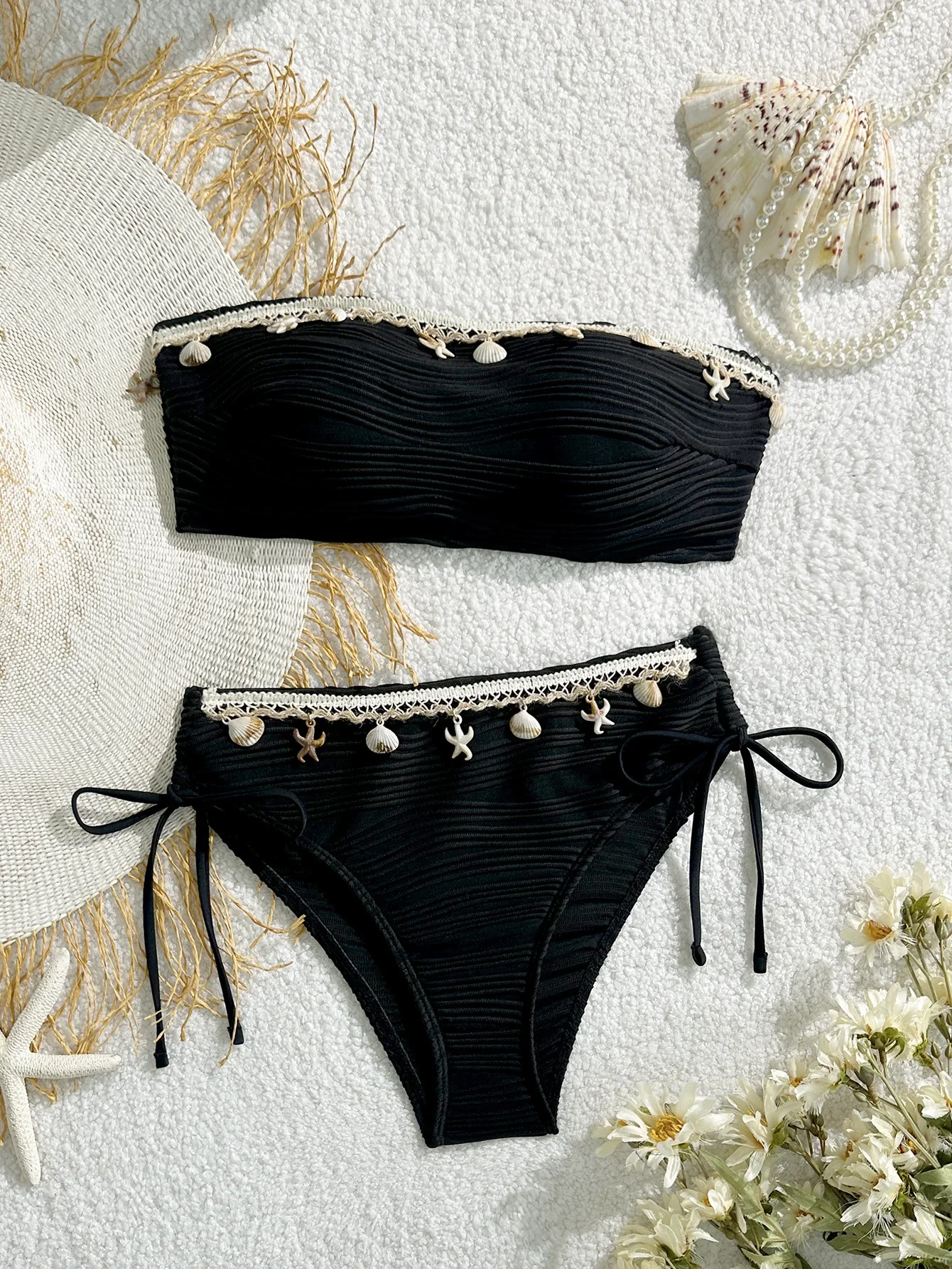 Sexy Bandeau Bikini Set 2025 Women Black Shell Starfish Push Up Drawstring Side High Waist Swimsuit Beach Bathing Suit Swimwear
Sexy Bandeau Bikini Set 2025 Women Black Shell Starfish Push Up Drawstring Side High Waist Swimsuit Beach Bathing Suit Swimwear