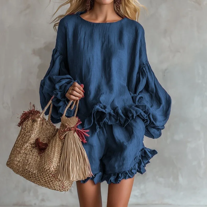 Woman 2-Piece Set Elegant Casual Vacation O Neck Ruffle Hem Top And Shorts Set Loose Suit Lantern Long Sleeve Vacation Outfit
Woman 2-Piece Set Elegant Casual Vacation O Neck Ruffle Hem Top And Shorts Set Loose Suit Lantern Long Sleeve Vacation Outfit