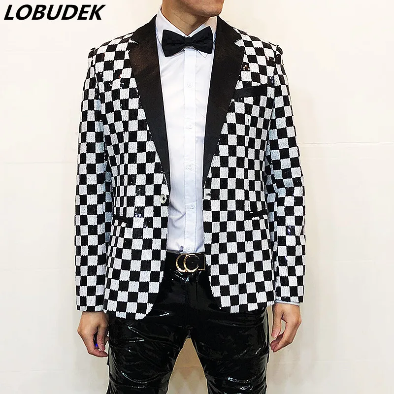 Men's Black White Lattice Sequin Suit Jackets Bar Singer Glitter Plaid Blazer Groom Wedding Party Slim Fit Tuxedo Stage Clothes
Men's Black White Lattice Sequin Suit Jackets Bar Singer Glitter Plaid Blazer Groom Wedding Party Slim Fit Tuxedo Stage Clothes