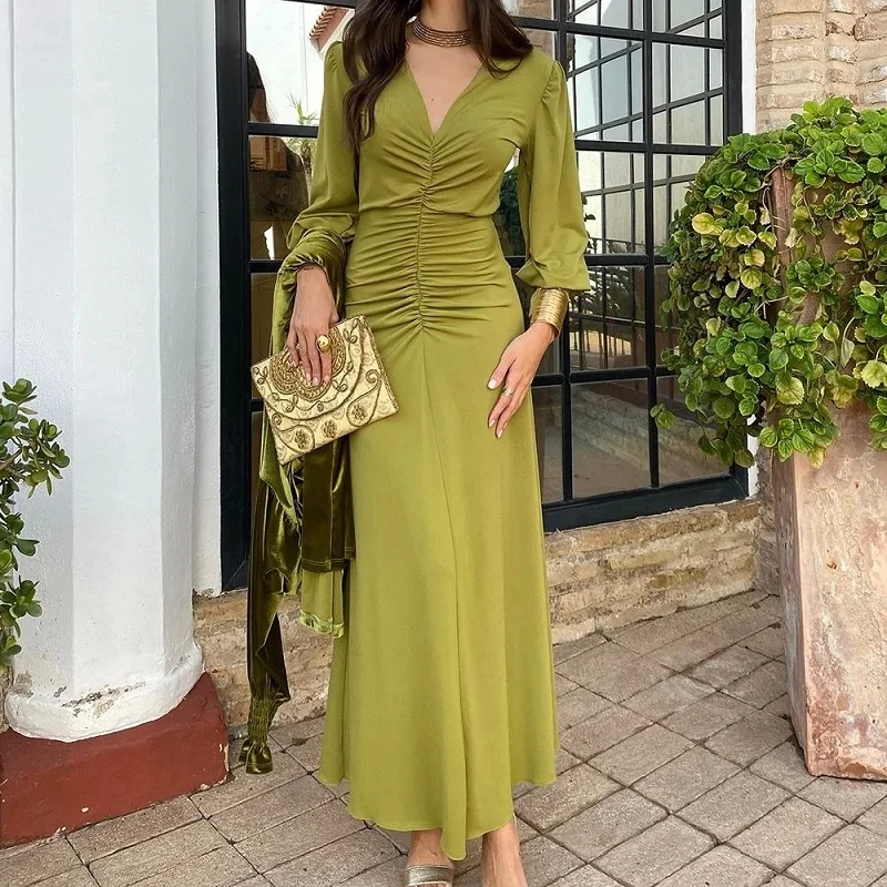 New Spring Elegant V Neck Slim Pleated Dresses Women Casual Solid Color A-Line Long Dress Autumn Long Sleeve Office Ladies Dress
New Spring Elegant V Neck Slim Pleated Dresses Women Casual Solid Color A-Line Long Dress Autumn Long Sleeve Office Ladies Dress