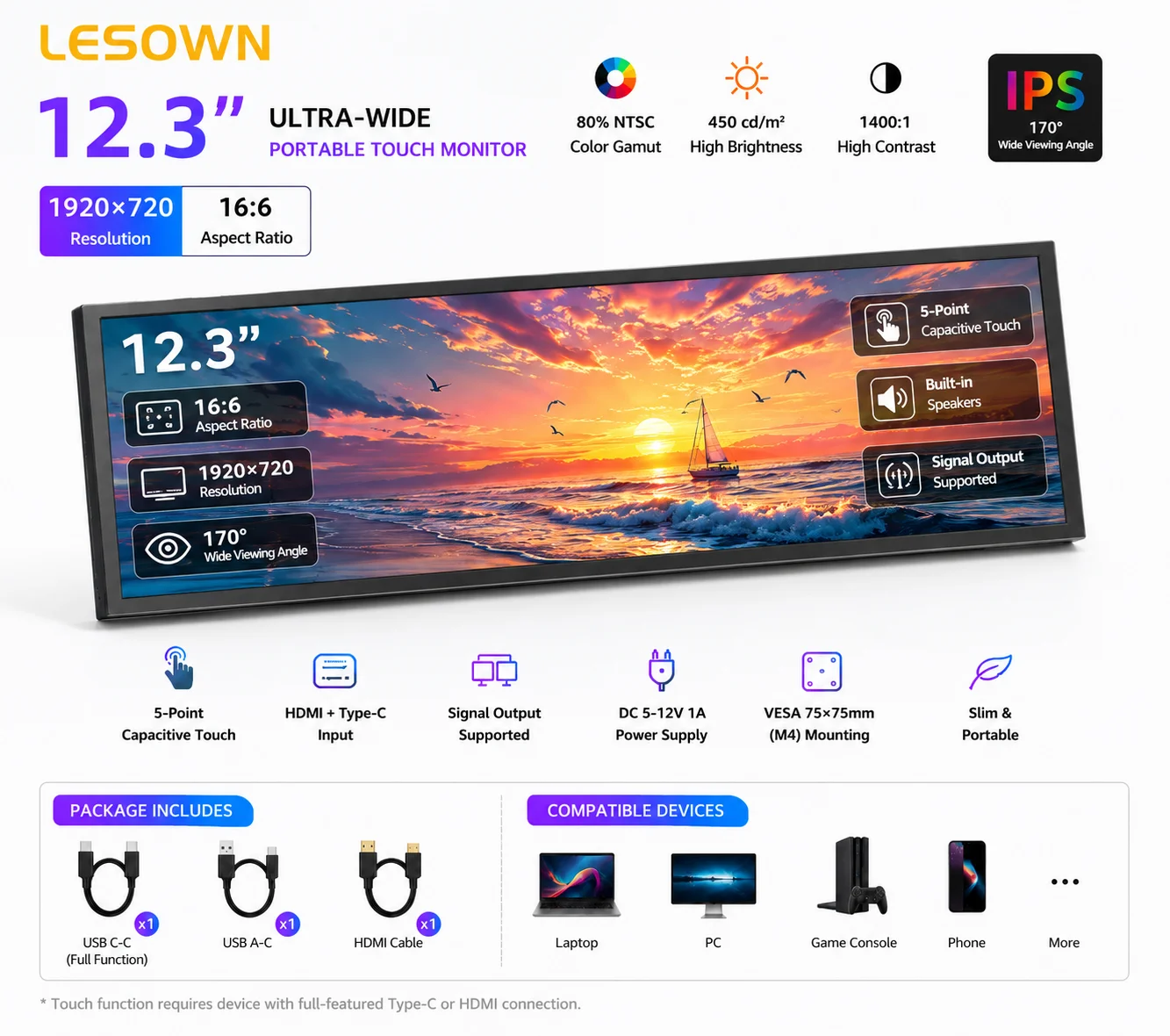 LESOWN 12.3in Portable Capacitive SBC Touchscreen 1920x720 IPS Bar Monitor for Raspberry Pi Desktop Expansion via Type-C
LESOWN 12.3in Portable Capacitive SBC Touchscreen 1920x720 IPS Bar Monitor for Raspberry Pi Desktop Expansion via Type-C