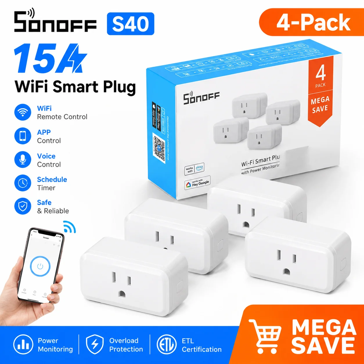4-Pack eWelink App SONOFF S40 WiFi Smart Plug 15A Smart Outlet Socket ETL Work with Alexa Google Home IFTTT
4-Pack eWelink App SONOFF S40 WiFi Smart Plug 15A Smart Outlet Socket ETL Work with Alexa Google Home IFTTT