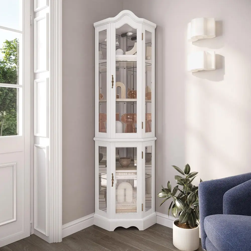 Lighted 3Side Glass Display Curio Cabinet w Tempered Glass Doors and Shelves, Curved Wood Corner Cabinet with Bulb, Corner Stor
Lighted 3Side Glass Display Curio Cabinet w Tempered Glass Doors and Shelves, Curved Wood Corner Cabinet with Bulb, Corner Stor