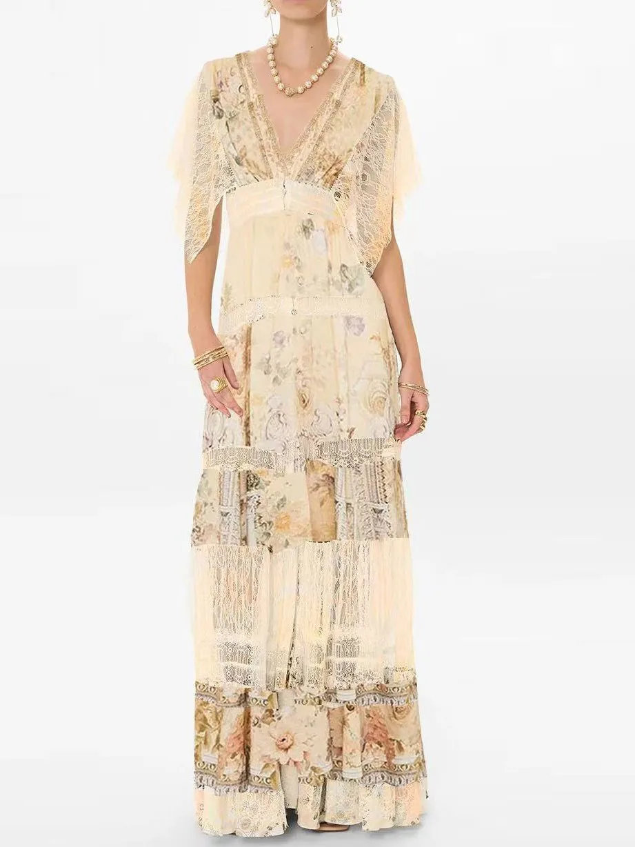 Spring 2026 Women Flower Printed Maxi Dress Lace Embroidery Patchwork V-Neck Short Sleeve Elegant Ladies Robe
Spring 2026 Women Flower Printed Maxi Dress Lace Embroidery Patchwork V-Neck Short Sleeve Elegant Ladies Robe
