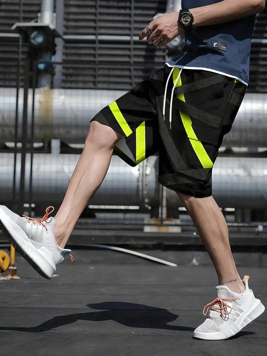 Men’s Black Utility Shorts With Neon Yellow Diagonal Stripes, Cargo Pockets, Adjustable Drawstring Waist, Woven Non-Stretch
Men’s Black Utility Shorts With Neon Yellow Diagonal Stripes, Cargo Pockets, Adjustable Drawstring Waist, Woven Non-Stretch