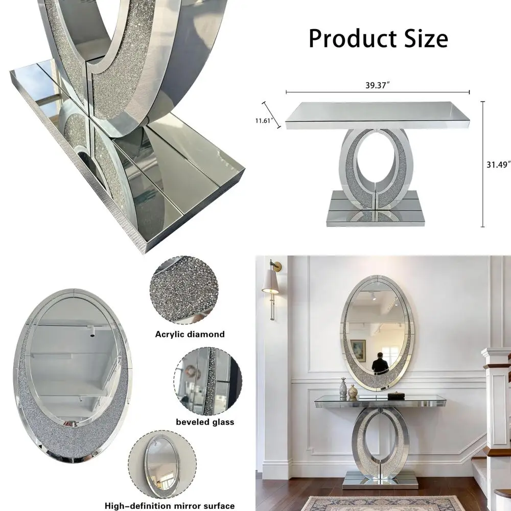 Oval-Shaped Silver Mirrored ole Table and Wall Mirror Set, 2 Piece 39.37" Mirrored RecSoa Table and 35.43" Crush Diamond Oval Wa
Oval-Shaped Silver Mirrored ole Table and Wall Mirror Set, 2 Piece 39.37" Mirrored RecSoa Table and 35.43" Crush Diamond Oval Wa