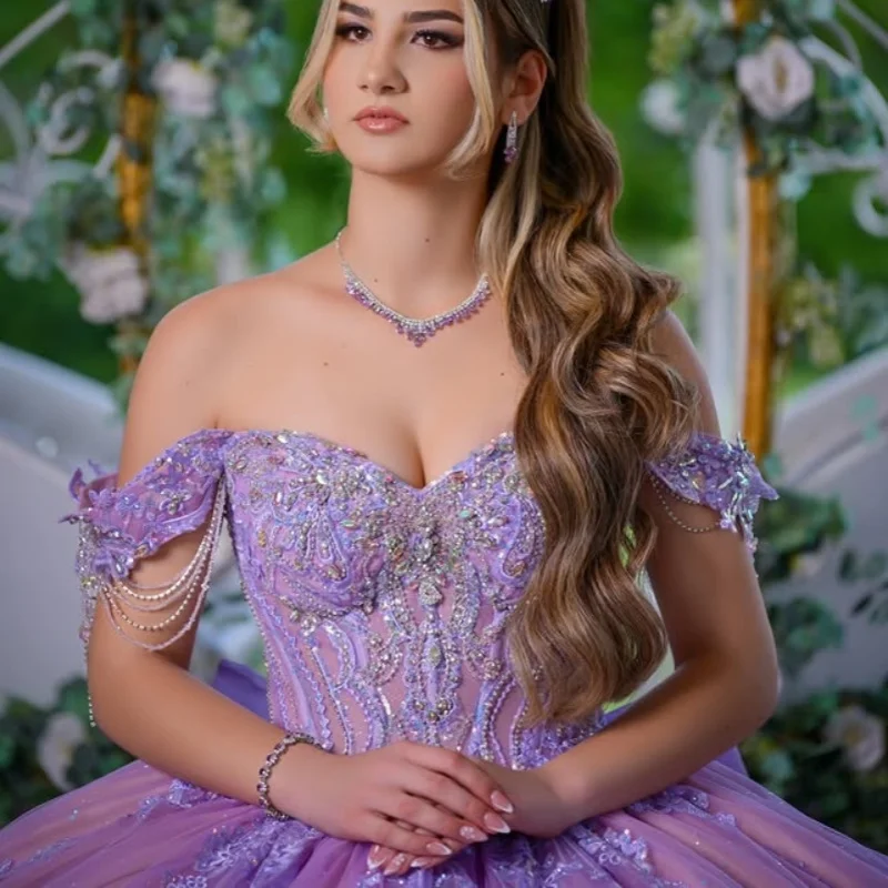 Lavender purple Quinceanera Dress off-shoulder glitter flower crystal decal tail Bow vestidos de 15 Quinceanera Customize
Lavender purple Quinceanera Dress off-shoulder glitter flower crystal decal tail Bow vestidos de 15 Quinceanera Customize