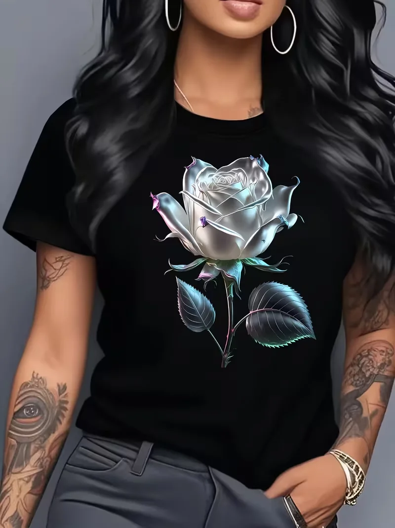 Women's Casual Short-Sleeve Crew Neck T-Shirt - Black with White Rose Print, Breathable and Fitted H-Shape
Women's Casual Short-Sleeve Crew Neck T-Shirt - Black with White Rose Print, Breathable and Fitted H-Shape
