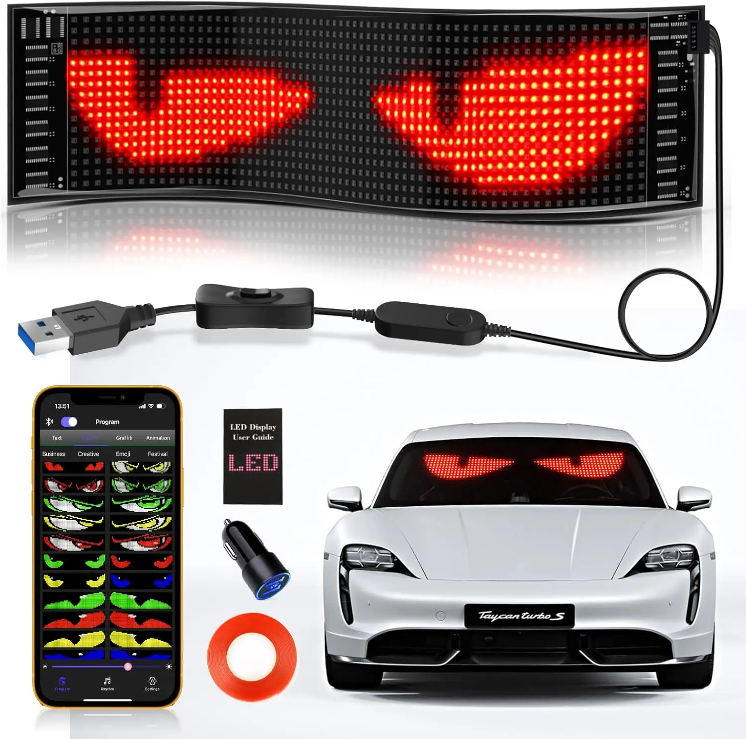 Flexible Scrolling LED Eyes for Car Window, 15x4 Bluetooth App Control Programmable LED Sign, Dynamic Personalized Eye Lights
Flexible Scrolling LED Eyes for Car Window, 15x4 Bluetooth App Control Programmable LED Sign, Dynamic Personalized Eye Lights