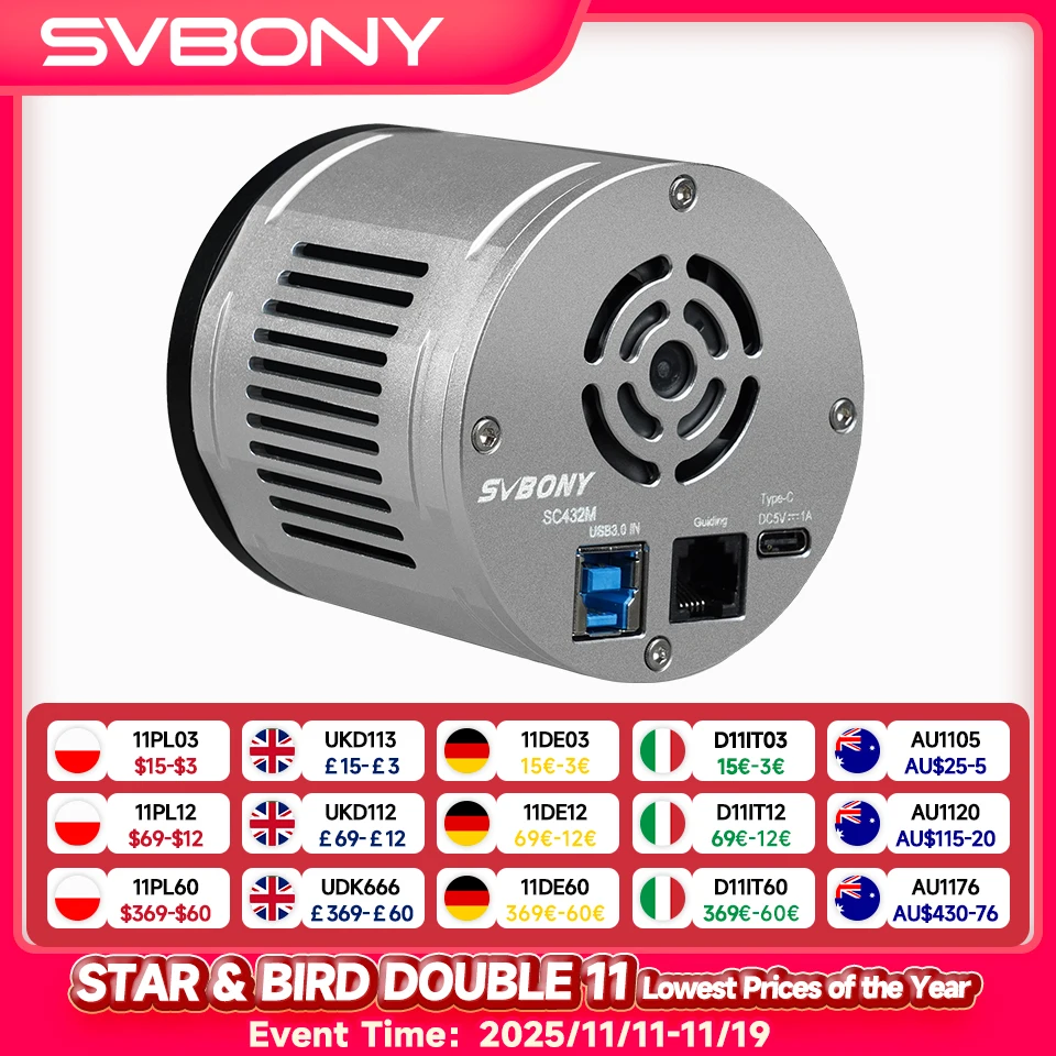 Svbony SC432M 1.25'' Astronomy Camera Planetary Photography Astronomical Telescope Accessories High Speed USB3.0 for Beginner
Svbony SC432M 1.25'' Astronomy Camera Planetary Photography Astronomical Telescope Accessories High Speed USB3.0 for Beginner