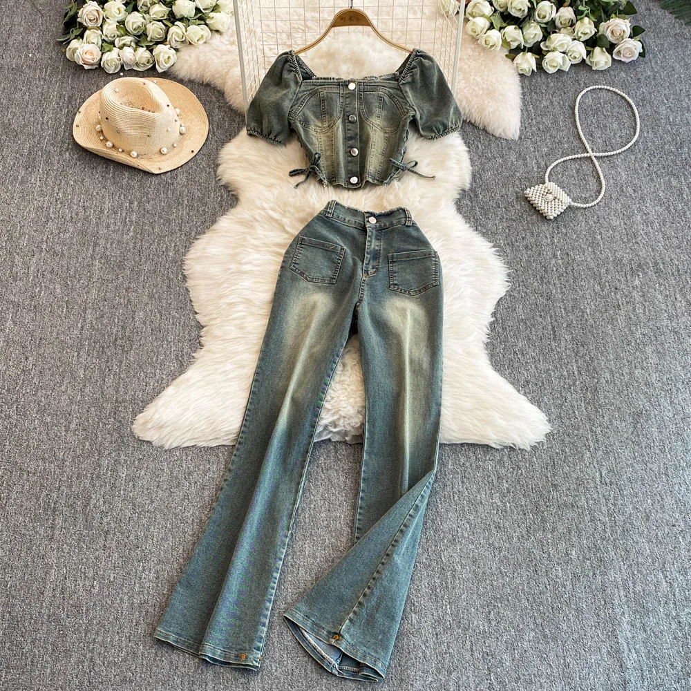 Blouse Retro Denim Square Collar Short Sleeve Top Women's New High Waist Versatile Casual Bellbottom Pants Jeans Two Piece Set
Blouse Retro Denim Square Collar Short Sleeve Top Women's New High Waist Versatile Casual Bellbottom Pants Jeans Two Piece Set
