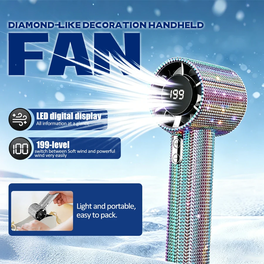 Portable 199-Speed Handheld Fan, USB Mini Fan with Sparkle Diamond & LED Display, Personal Fan for Office Travel Outdoor
Portable 199-Speed Handheld Fan, USB Mini Fan with Sparkle Diamond & LED Display, Personal Fan for Office Travel Outdoor