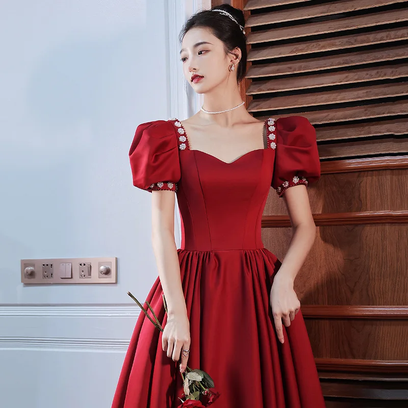 Elegant Burgundy Satin Evening Party Dress Backless Banquet Dress Exquisite Bride Wedding Dress Toast Clothing
Elegant Burgundy Satin Evening Party Dress Backless Banquet Dress Exquisite Bride Wedding Dress Toast Clothing