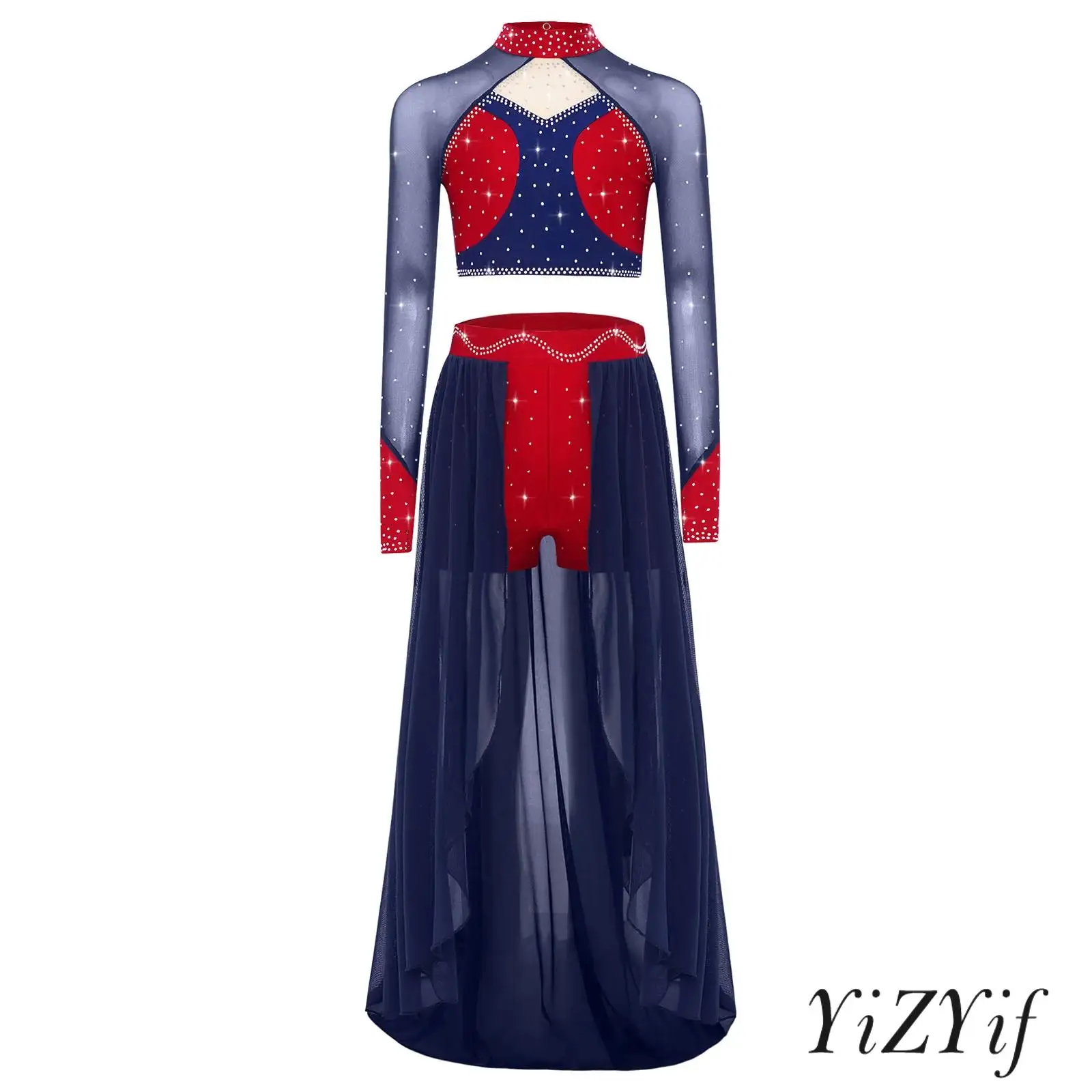 Kids Girls Lyrical Modern Dance Costume Mock Neck Long Sleeve Sheer Mesh Shiny Rhinestones Crop Top with Asymmetrical Skirt
Kids Girls Lyrical Modern Dance Costume Mock Neck Long Sleeve Sheer Mesh Shiny Rhinestones Crop Top with Asymmetrical Skirt