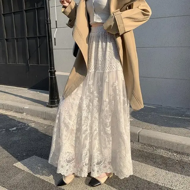 White Lace Embroidered Half Skirt Elastic Waist Flared Long Dress Fairy Skirt Ankle Length Polyester Fiber Casual Style
White Lace Embroidered Half Skirt Elastic Waist Flared Long Dress Fairy Skirt Ankle Length Polyester Fiber Casual Style