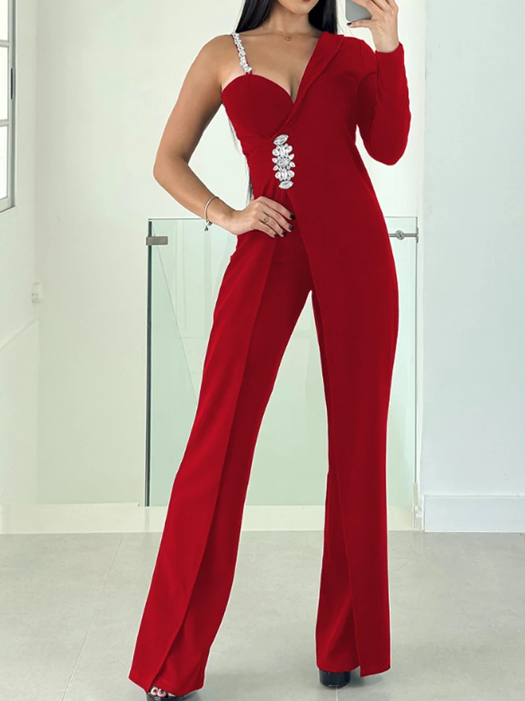 Rhinestone One Shoulder Adjustable Spaghetti Strap Overalls Long Sleeve Wrap Front Wide Leg Jumpsuit
Rhinestone One Shoulder Adjustable Spaghetti Strap Overalls Long Sleeve Wrap Front Wide Leg Jumpsuit
