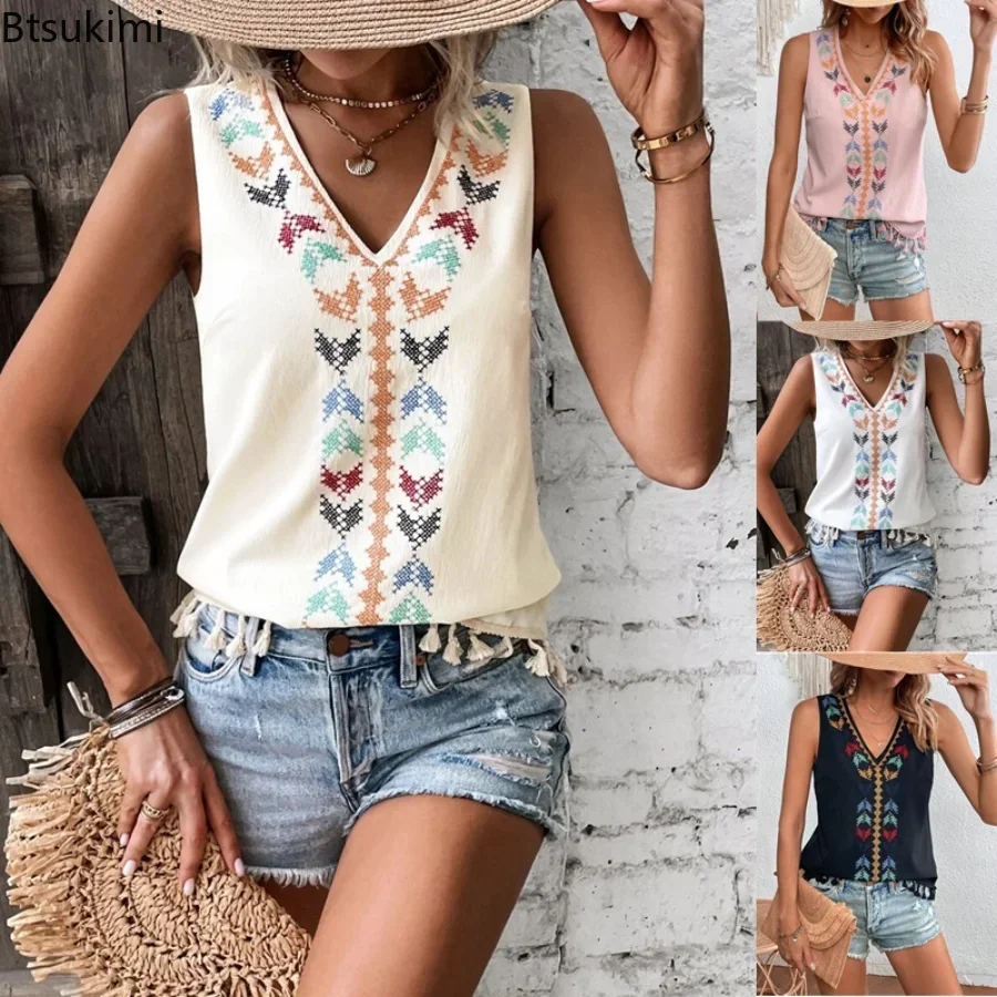 2025 Women's Summer Retro Tassel Tank Tops Sleeveless Floral Embroidery V-Neck Sexy Clothes Shirts Female Casual T-Shirt Tops
2025 Women's Summer Retro Tassel Tank Tops Sleeveless Floral Embroidery V-Neck Sexy Clothes Shirts Female Casual T-Shirt Tops