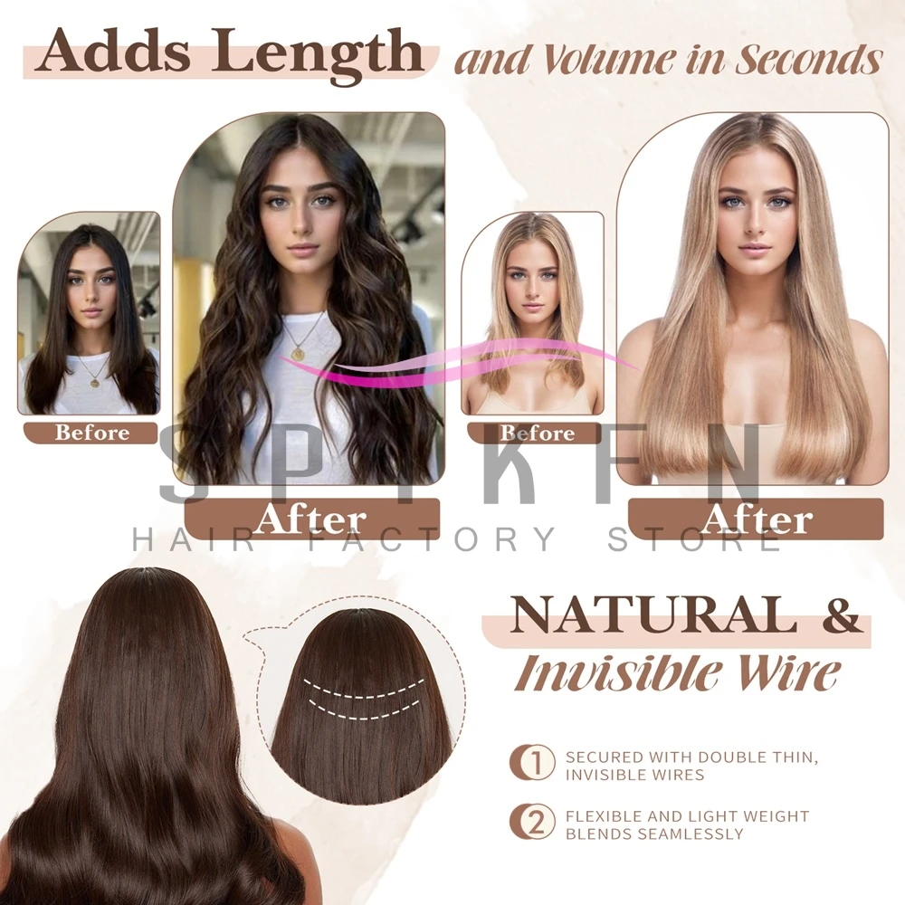 Natural Black Clip In One Piece Human Hair Extensions 60-100g with Adjustable Fish Wire Halo Hair Extensions Flip ins 12''-24'' 7 S4e388c51b51143ba8c2ee2158c93c643L
