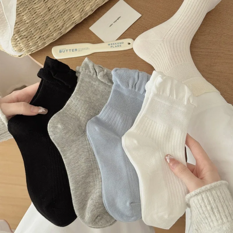 Женские хлопковые дышащие носки со свободными манжетами, однотонные простые модные носки средней длины с пузырьковыми краями JK Lolita, белые носки 
Женские хлопковые дышащие носки со свободными манжетами, однотонные простые модные носки средней длины с пузырьковыми краями JK Lolita, белые носки