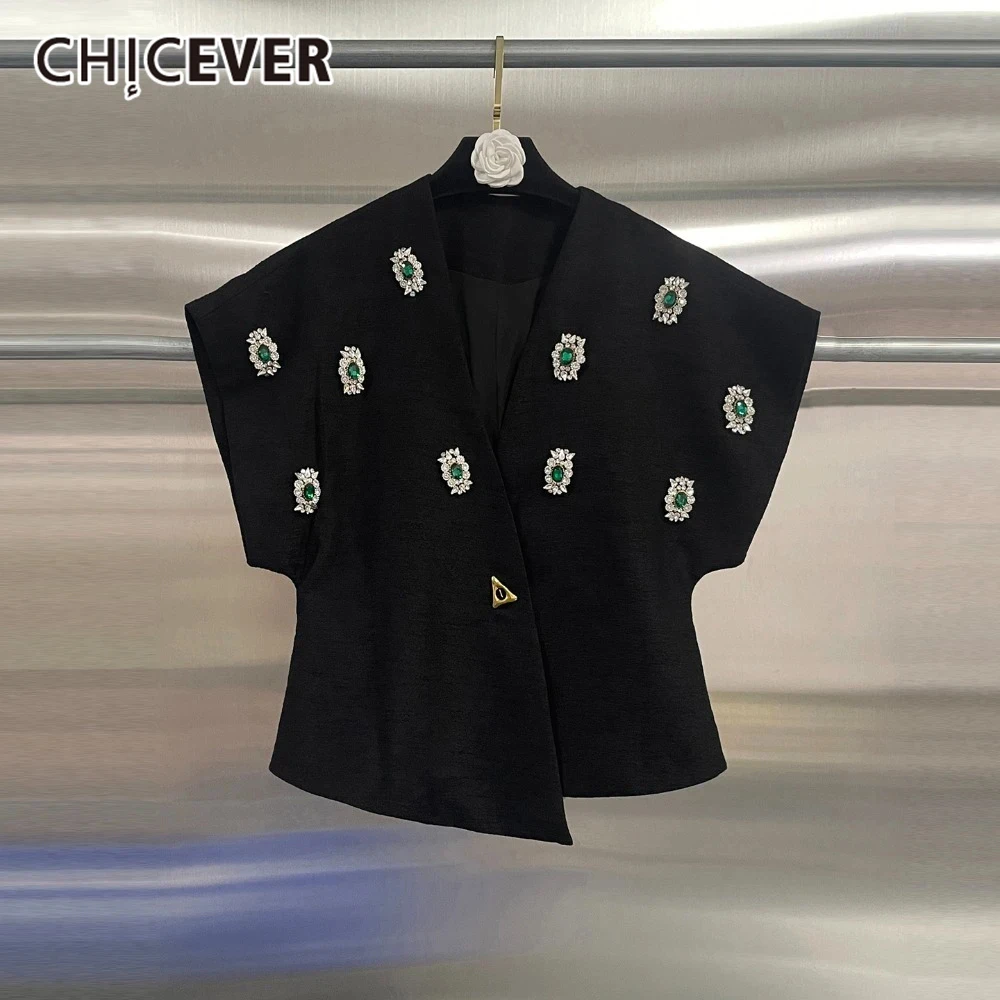 CHICEVER Роскошное женское пальто со сращенными бриллиантами, v-образным вырезом, короткими рукавами, лоскутная куртка с металлическими пуговицами и неровным подолом, женская новинка 
CHICEVER Роскошное женское пальто со сращенными бриллиантами, v-образным вырезом, короткими рукавами, лоскутная куртка с металлическими пуговицами и неровным подолом, женская новинка