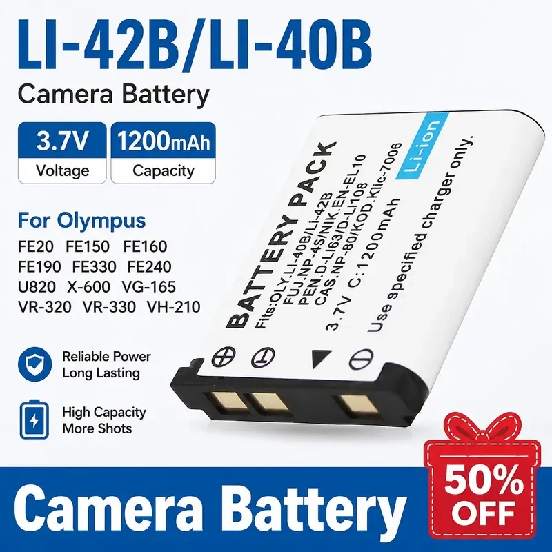 LI-42B/LI-40B Camera Battery 3.7V 1200mAh for Olympus FE20 FE150 FE160 FE190 FE330 FE240 U820 X-600 VG-165 VR-320 VR-330
LI-42B/LI-40B Camera Battery 3.7V 1200mAh for Olympus FE20 FE150 FE160 FE190 FE330 FE240 U820 X-600 VG-165 VR-320 VR-330
