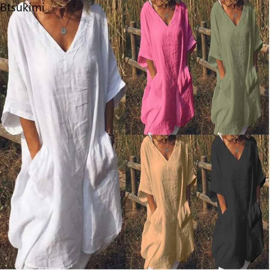 2025 V-Neck Cotton and Linen Women's Dress with Pocket Summer Mid-Sleeve Pure Color Loose Oversize Waist Long Dress for Women
2025 V-Neck Cotton and Linen Women's Dress with Pocket Summer Mid-Sleeve Pure Color Loose Oversize Waist Long Dress for Women