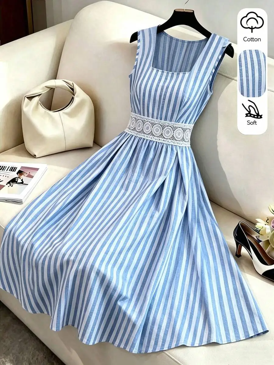 Womens Cotton Striped Sleeveless Dress With Lace Waistband Vintage Elegant Flared Midi Dress
Womens Cotton Striped Sleeveless Dress With Lace Waistband Vintage Elegant Flared Midi Dress
