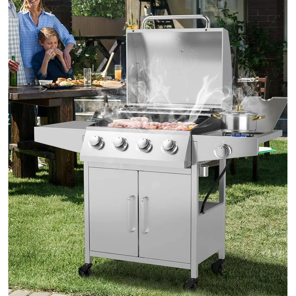 Stainless Steel 50,000 BTU 4-Burner Propane Grill with Side Burner and 2 Prep Tables for Outdoor Cooking
Stainless Steel 50,000 BTU 4-Burner Propane Grill with Side Burner and 2 Prep Tables for Outdoor Cooking