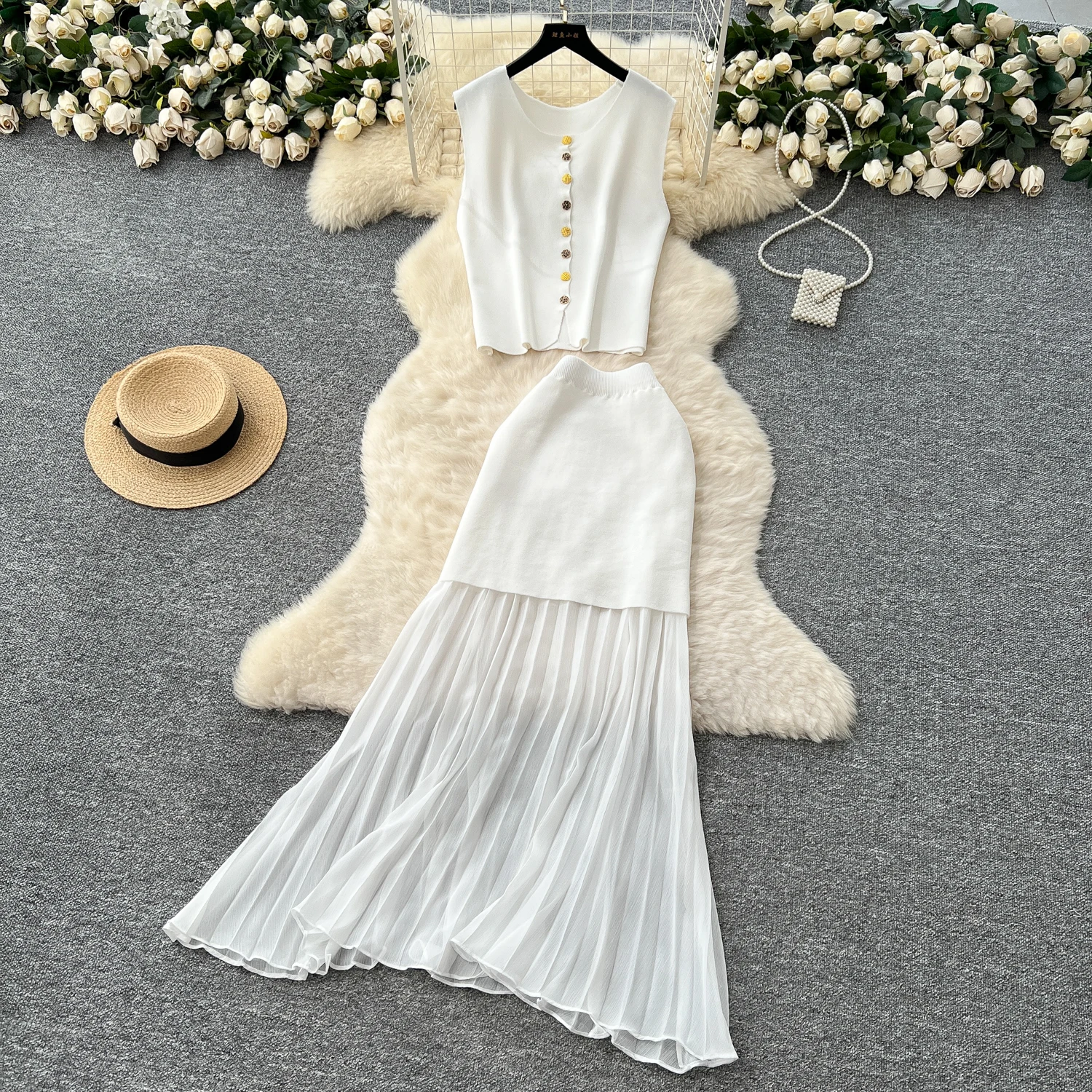 Chic Elastic Knit button Bodycon sleeveless O Neck Women Elegant Korean Fashion Vestidos Summer Two Piece Set
Chic Elastic Knit button Bodycon sleeveless O Neck Women Elegant Korean Fashion Vestidos Summer Two Piece Set