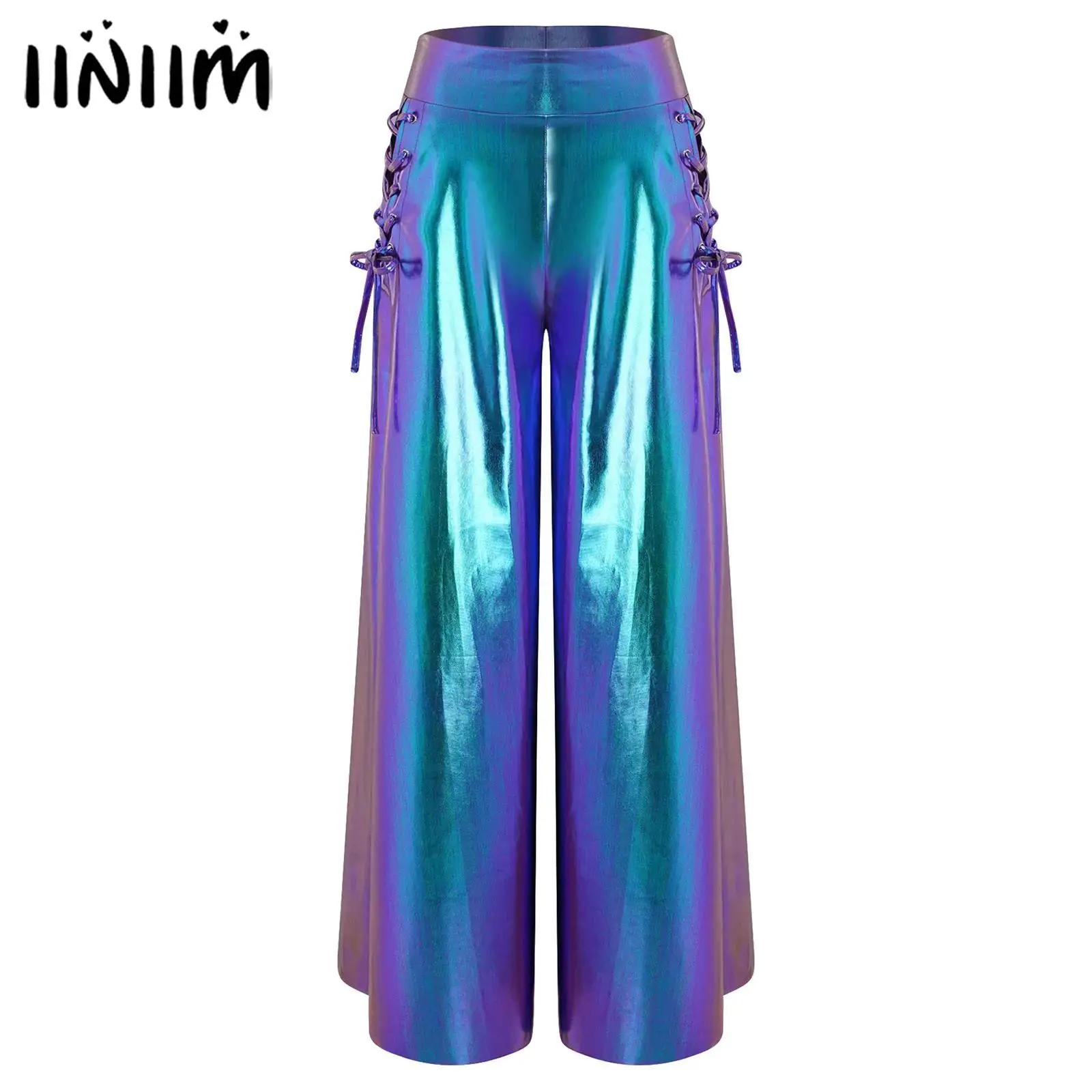 Womens Iridescent Metallic Wide Leg Pants Sides Lace-up Split Legs High Waist Palazzo Pants Disco Trousers Festival Clubwear
Womens Iridescent Metallic Wide Leg Pants Sides Lace-up Split Legs High Waist Palazzo Pants Disco Trousers Festival Clubwear