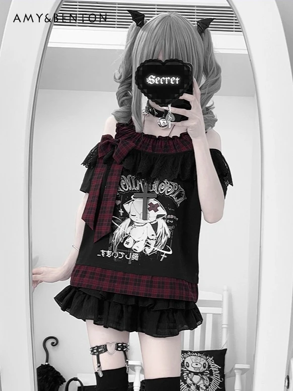 Original Subculture Anime Printed Plaid Crew Neck Bow Off-Shoulder Short Sleeve High Waist Lace Multi-layer Skirt Two-piece Set
Original Subculture Anime Printed Plaid Crew Neck Bow Off-Shoulder Short Sleeve High Waist Lace Multi-layer Skirt Two-piece Set