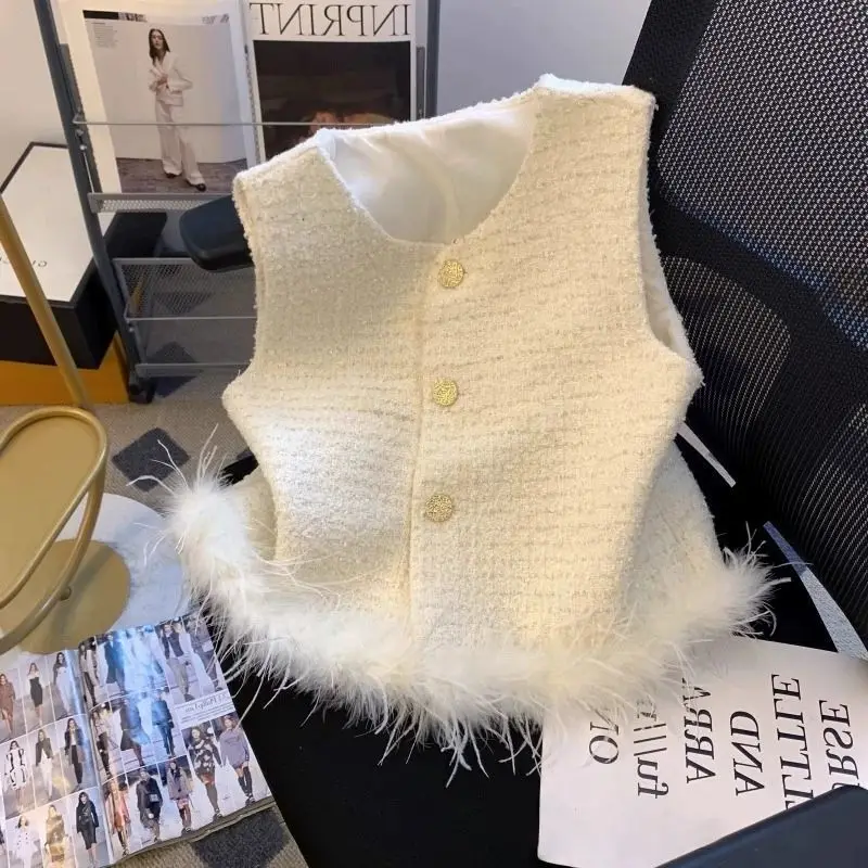 Women's vest High-grade Tweed Feather Splicing Vest Coat Women's Spring and Autumn Temperament Fragrance Women Sleeveless Coat
Women's vest High-grade Tweed Feather Splicing Vest Coat Women's Spring and Autumn Temperament Fragrance Women Sleeveless Coat