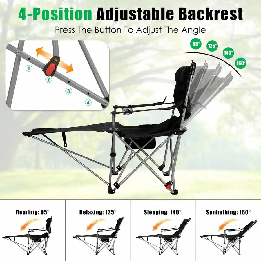 4-Position Adjustable Reclining Camping Chair With Footrest Headrest Cup Holder And Side Pocket
4-Position Adjustable Reclining Camping Chair With Footrest Headrest Cup Holder And Side Pocket