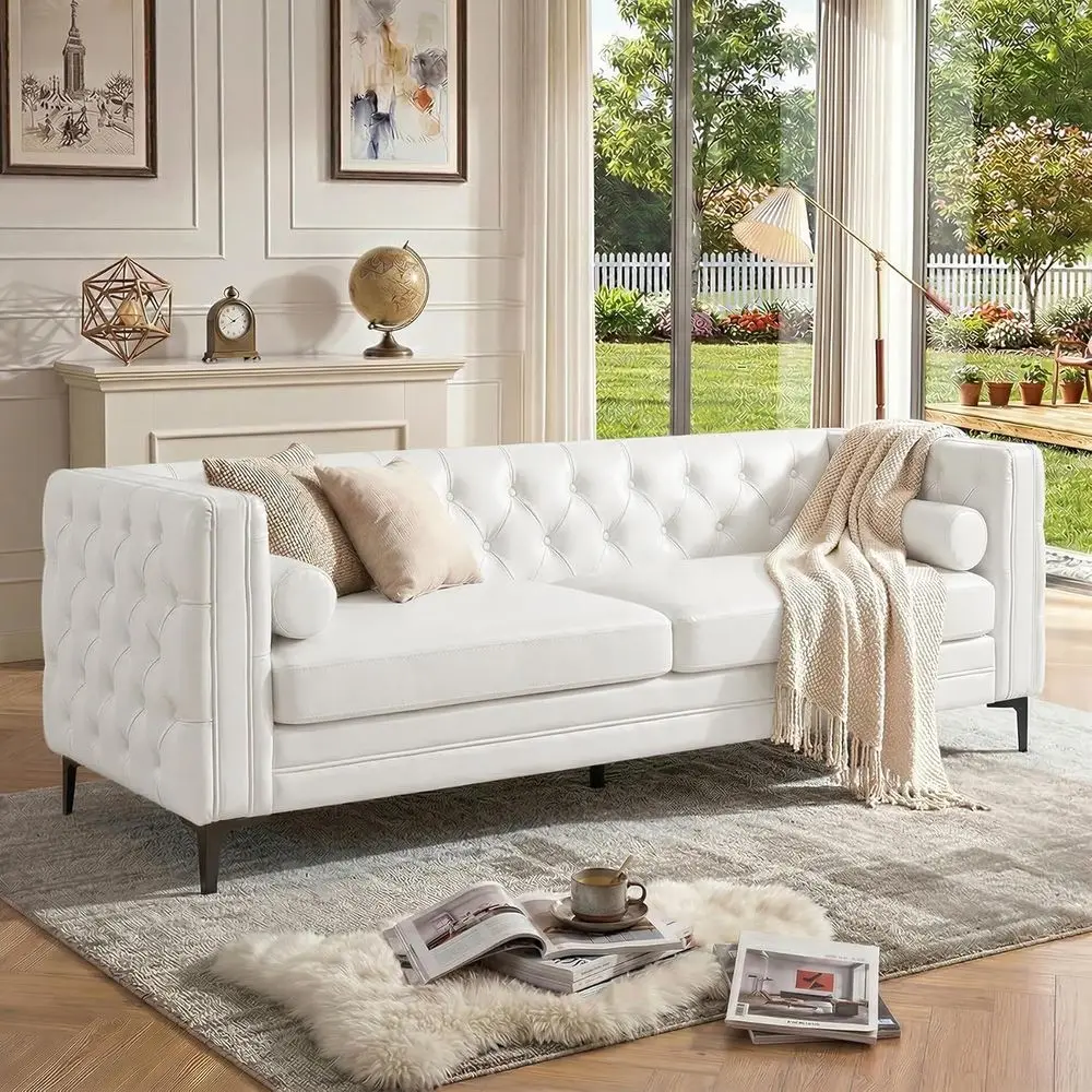 Mid-Century Modern 3-Seater Couch with Button Tufted Leather, Metal Legs, 2 Bolster Pillows, Comfortable, White
Mid-Century Modern 3-Seater Couch with Button Tufted Leather, Metal Legs, 2 Bolster Pillows, Comfortable, White