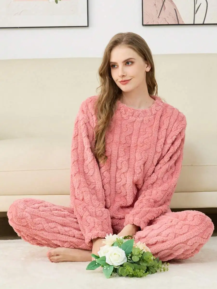 Womens Thick Velvet Knitted Pajama Set With Zipper, Autumn Winter Warm Sleepwear
Womens Thick Velvet Knitted Pajama Set With Zipper, Autumn Winter Warm Sleepwear