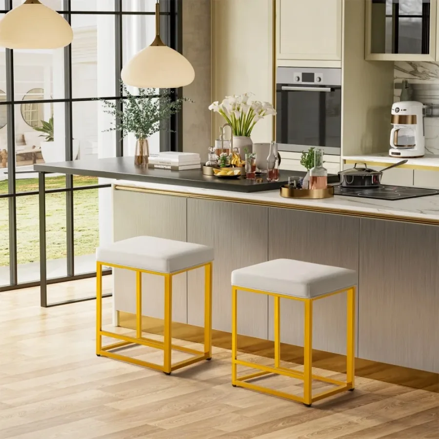 24" Upholstered Counter and Bar Stool with Footrest Set of 2 Golden and White PU leather
24" Upholstered Counter and Bar Stool with Footrest Set of 2 Golden and White PU leather