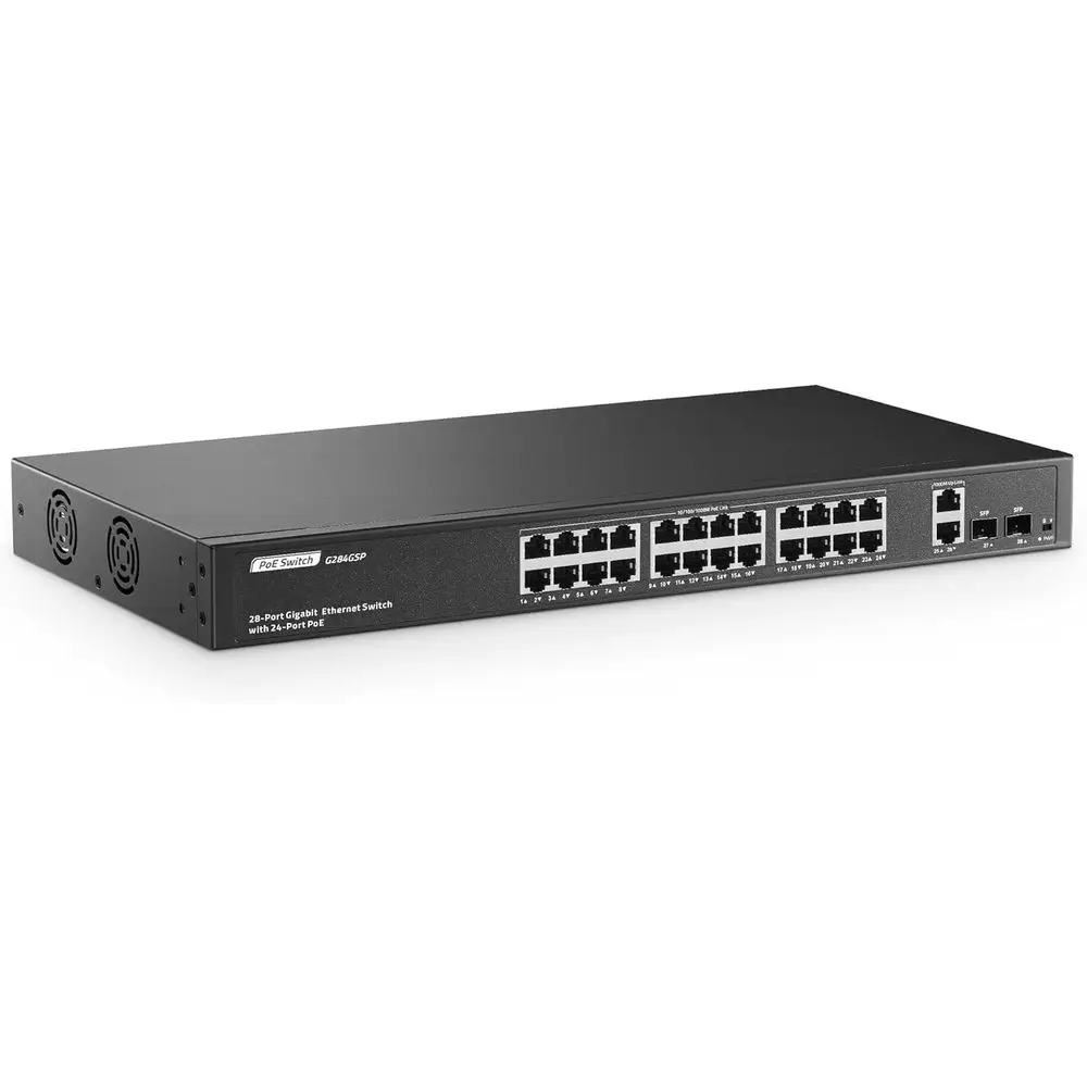 24-Port Gigabit PoE Switch with 2 GE Uplinks, 2 SFP Ports, 400W 802.3at, Unmanaged Rackmount with VLAN & AI Watchdog
24-Port Gigabit PoE Switch with 2 GE Uplinks, 2 SFP Ports, 400W 802.3at, Unmanaged Rackmount with VLAN & AI Watchdog