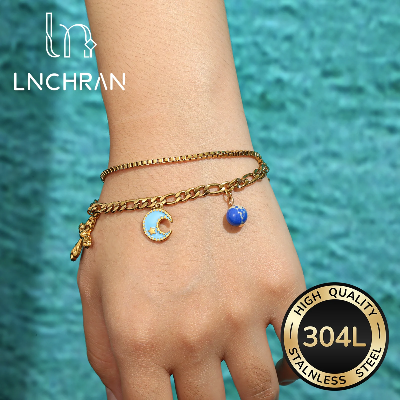 Golden Tone Stainless Steel Hamsa Hand Moon Charm Bracelet with Cross and Star Pendants for Women
Golden Tone Stainless Steel Hamsa Hand Moon Charm Bracelet with Cross and Star Pendants for Women