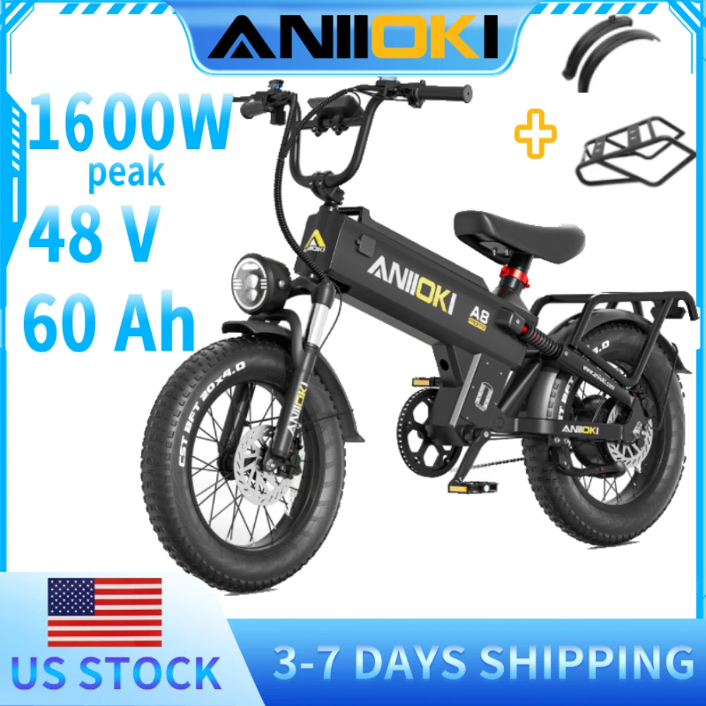 Электровелосипед ANIIOKI с пиковой мощностью двигателя 1600 Вт, батарея 48V 60Ah, скорость до 31 миль/ч, шины 20"*4" Fat Tires, многофункциональный электрический велосипед A8 Pro Max
Электровелосипед ANIIOKI с пиковой мощностью двигателя 1600 Вт, батарея 48V 60Ah, скорость до 31 миль/ч, шины 20"*4" Fat Tires, многофункциональный электрический велосипед A8 Pro Max