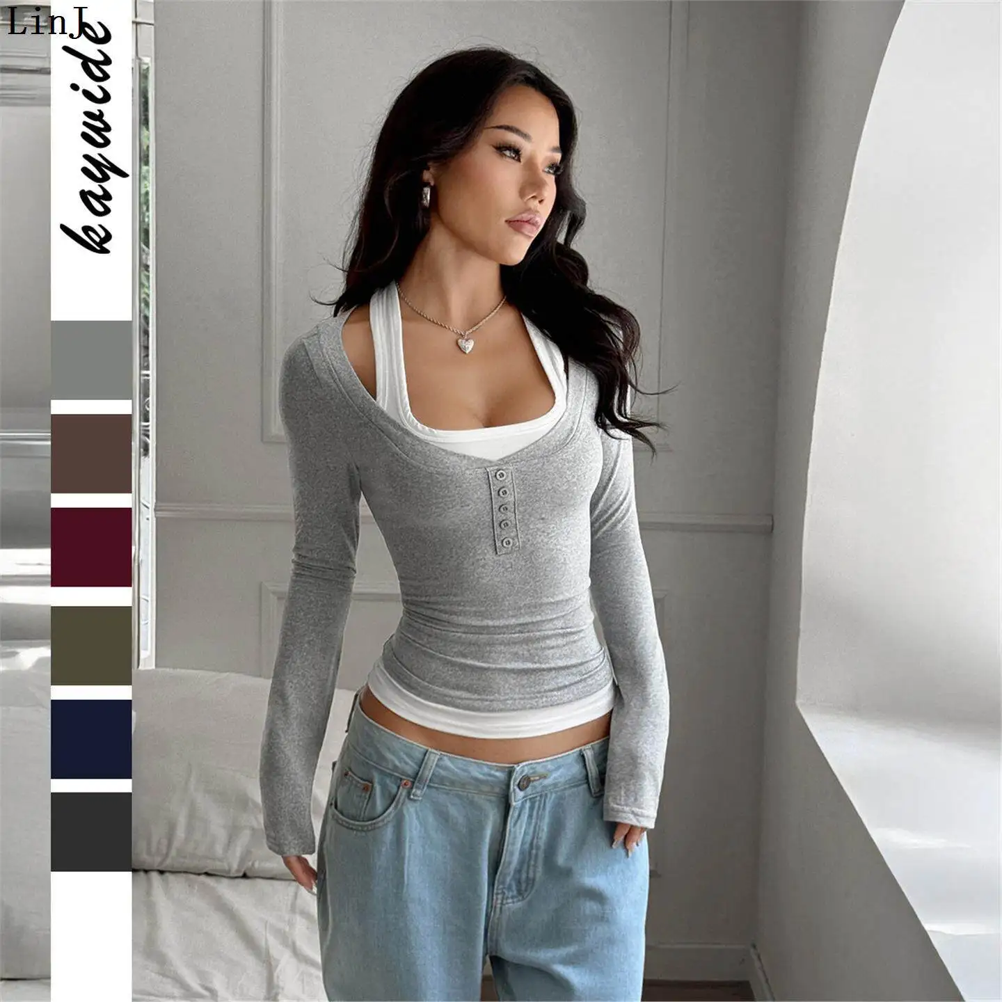 Sexy Spicy Girl Fake Two-Piece Strap Long Sleeve T-Shirt Women's Longsved Tshirt V-neck Casual Winter Fashion Set for Adults
Sexy Spicy Girl Fake Two-Piece Strap Long Sleeve T-Shirt Women's Longsved Tshirt V-neck Casual Winter Fashion Set for Adults