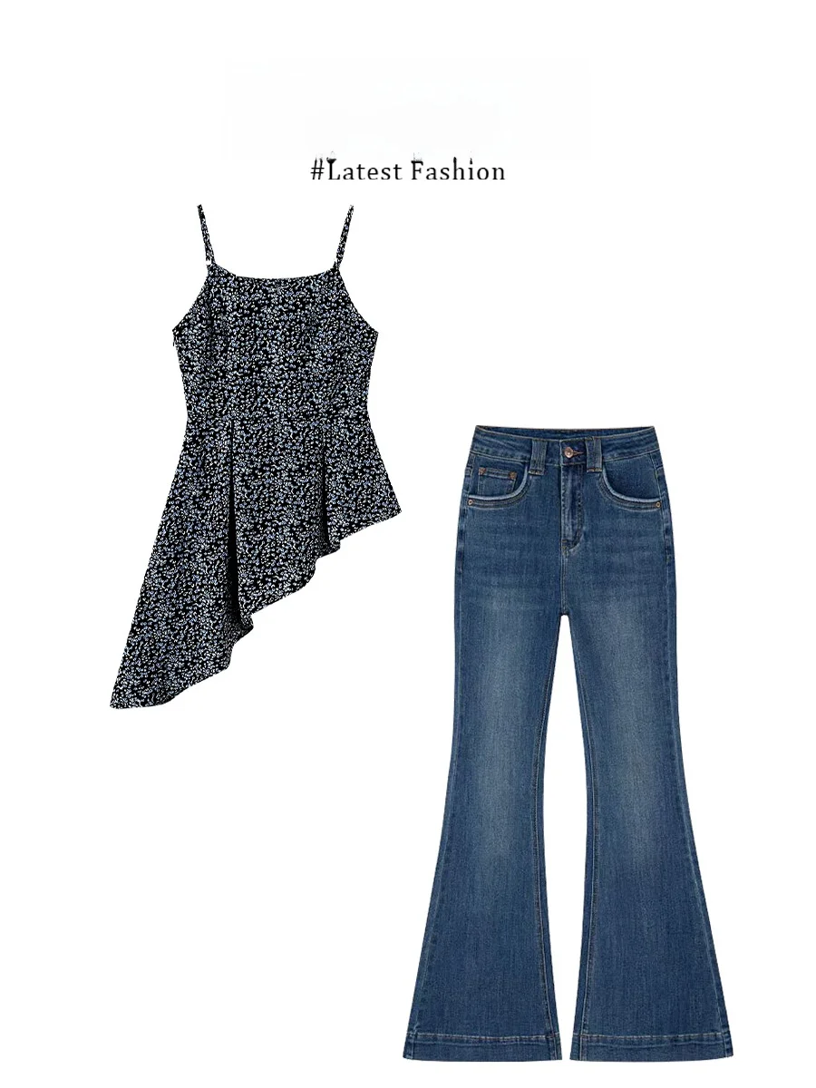 Parkyeon Summer Floral Print Crop Top And High Waist Bell Bottom Jeans Women's Two Piece Set Irregular Design Strap Vest
Parkyeon Summer Floral Print Crop Top And High Waist Bell Bottom Jeans Women's Two Piece Set Irregular Design Strap Vest