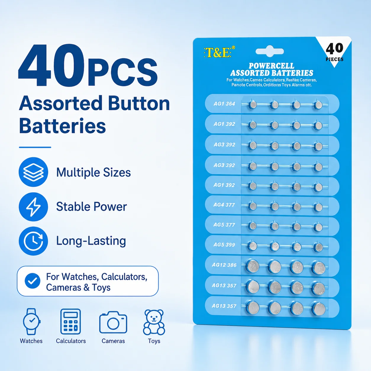 Mixed 1.55V AG1 AG3 AG4 AG5 AG12 AG13 LR44 SR44 Alkaline Coin Cell Batteries for Watch Toys Remote Electronic Devices
Mixed 1.55V AG1 AG3 AG4 AG5 AG12 AG13 LR44 SR44 Alkaline Coin Cell Batteries for Watch Toys Remote Electronic Devices