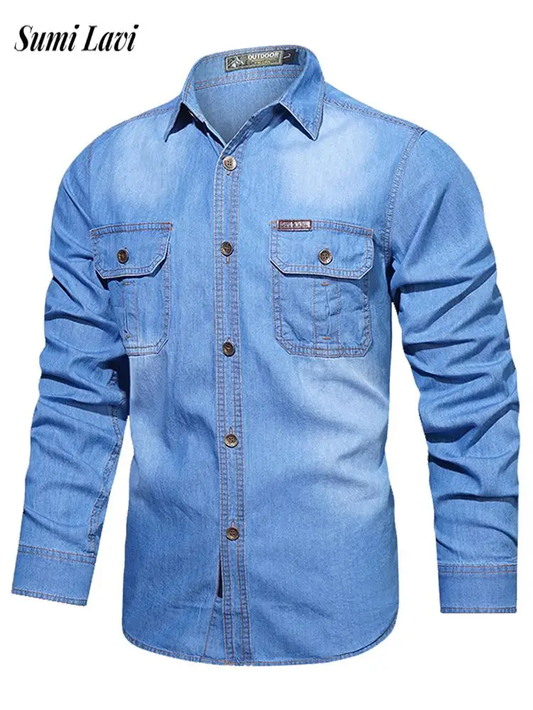 Стильные мужские потертые джинсовые рубашки, топы, уличная одежда, мужские осенние повседневные однотонные джинсовые рубашки, весенний винтажный топ с отложным воротником 
Стильные мужские потертые джинсовые рубашки, топы, уличная одежда, мужские осенние повседневные однотонные джинсовые рубашки, весенний винтажный топ с отложным воротником