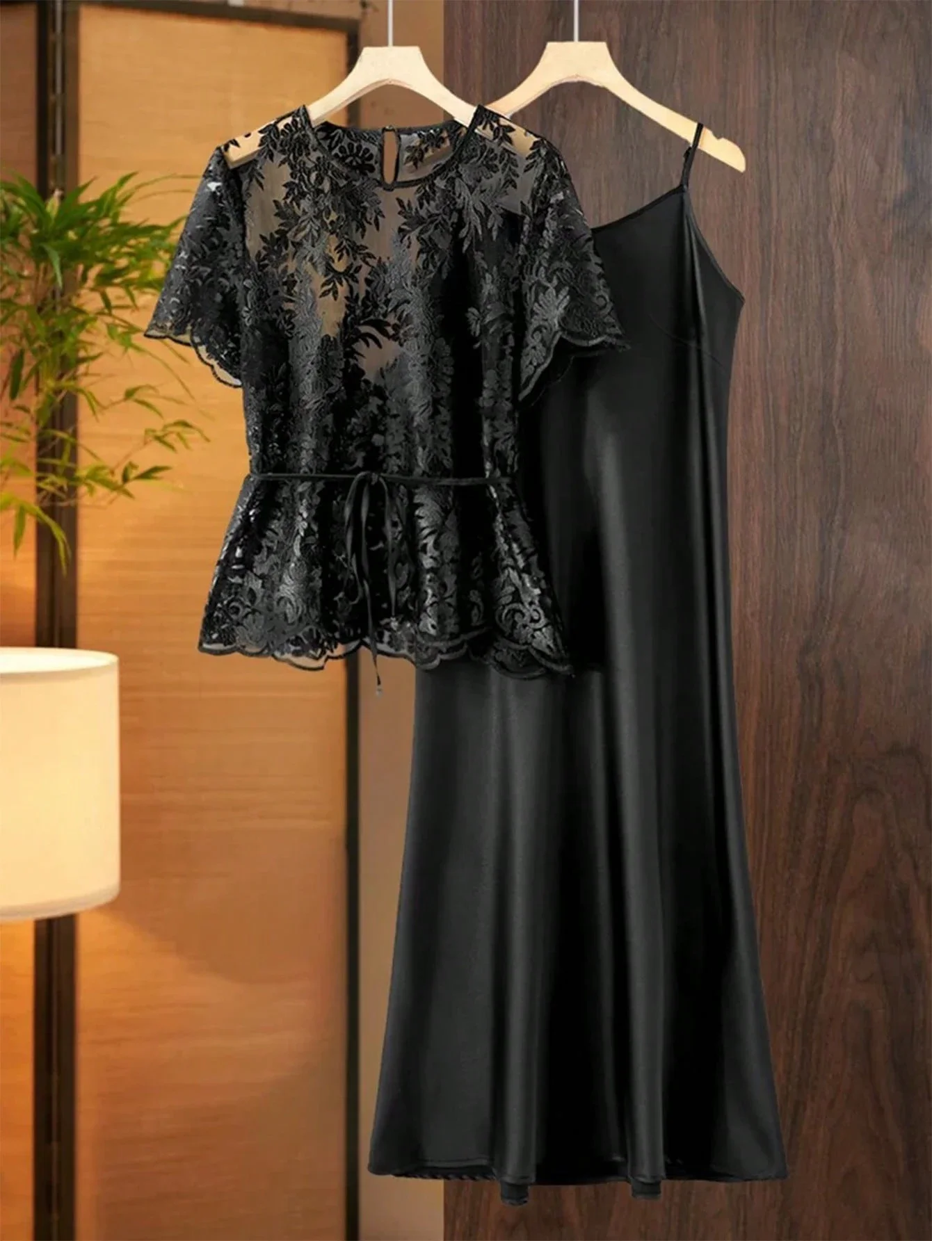 Elegant Black Lace Blouse And Solid Camisole Dress 2 Piece Set
Elegant Black Lace Blouse And Solid Camisole Dress 2 Piece Set